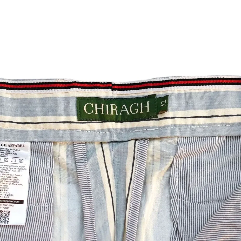 Mens 32 Light Blue Cream Stripe Cotton Pants Straight Fit Flat Front Trousers